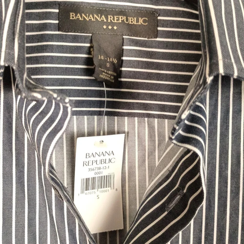 Banana Republic Slim Fit Dress Shirt S 14-14.5 Blue Stripe NWT Wrinkle